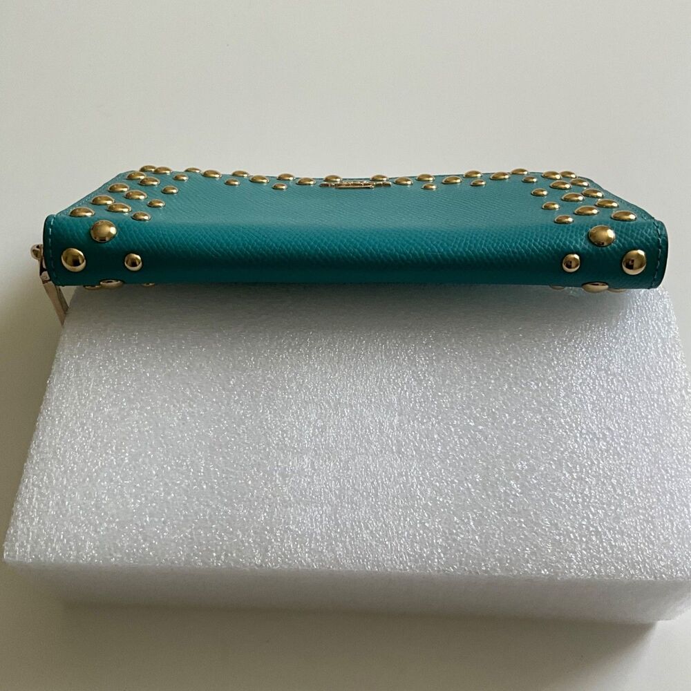 Coach Studded Accordion Zip Wallet Cadet Blue Crossgrain Leather Gold Hardware - Picture 4 of 8